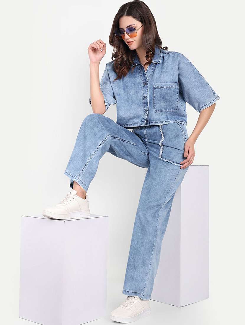 women blue cotton shirt and trouser set co-ord