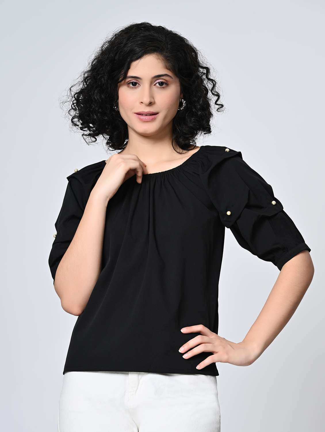 women solids black crepe regular top