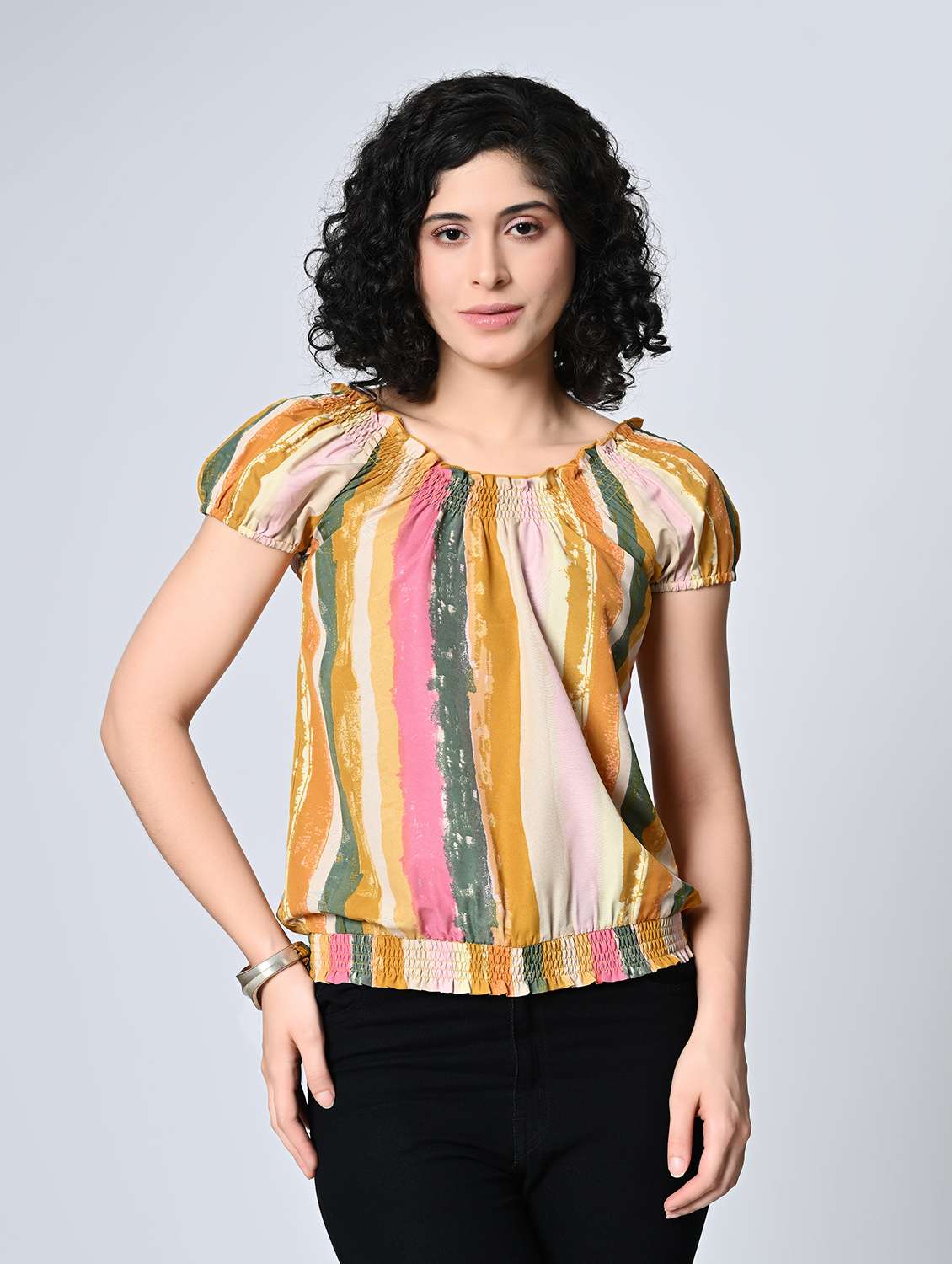 women stripes multi colored crepe regular top