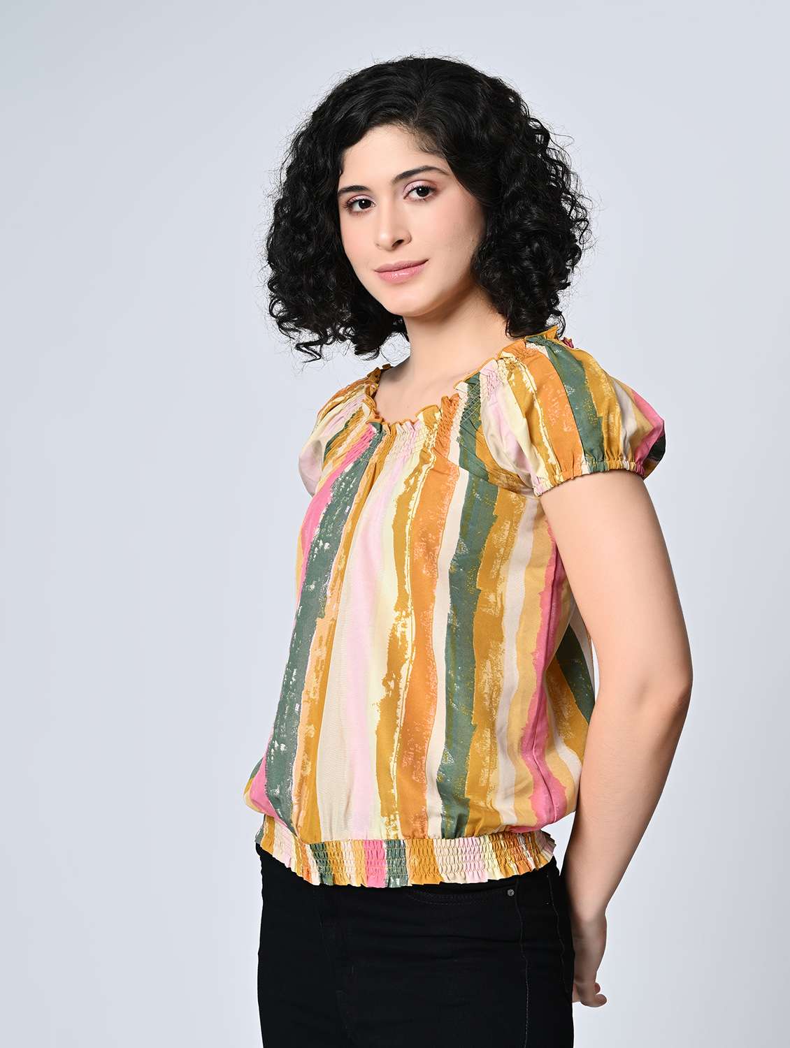 Women Stripes Multi Colored Crepe Regular Top - 22467614 -  Standard Image - 3