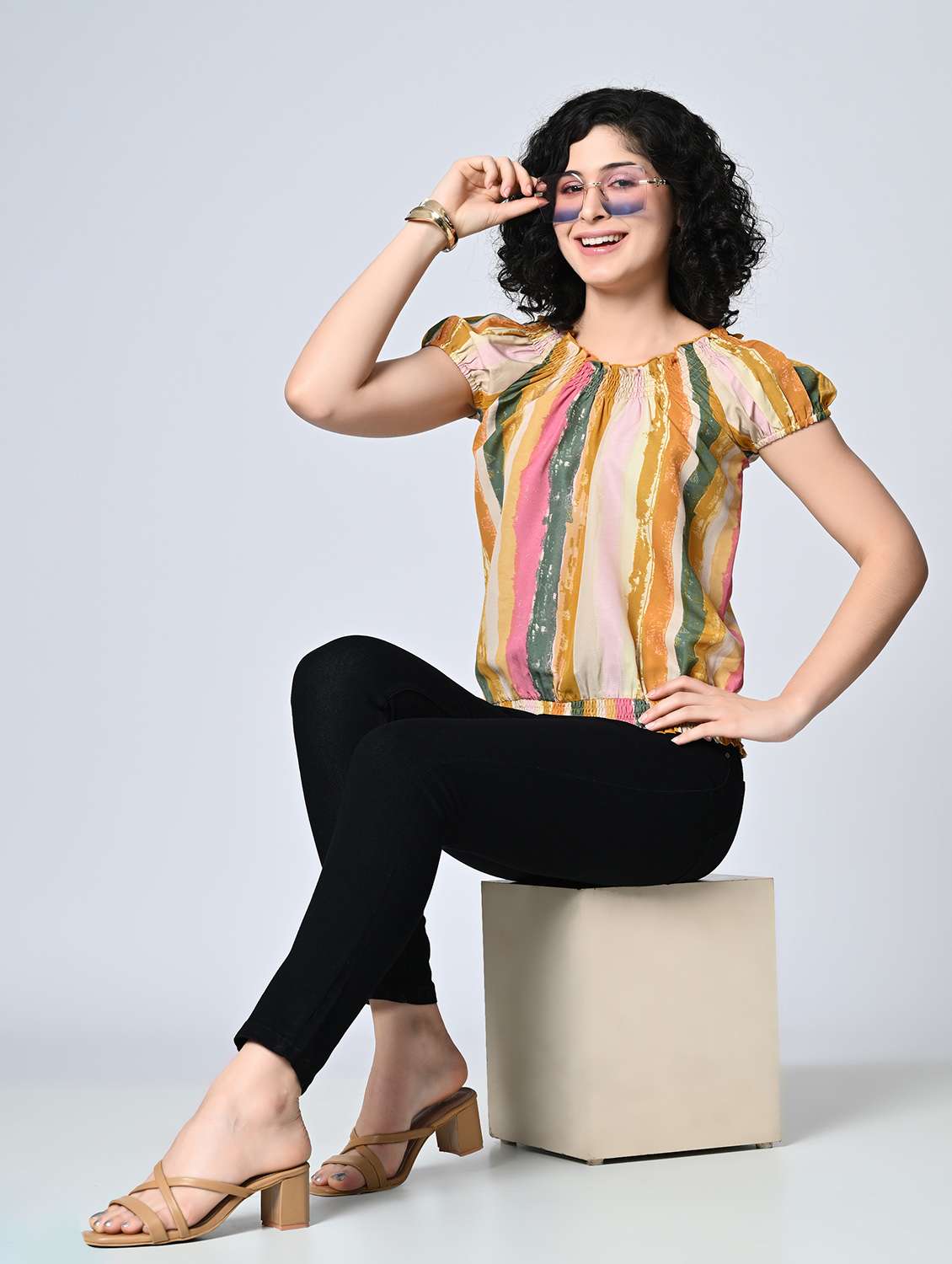 Women Stripes Multi Colored Crepe Regular Top - 22467614 -  Standard Image - 5