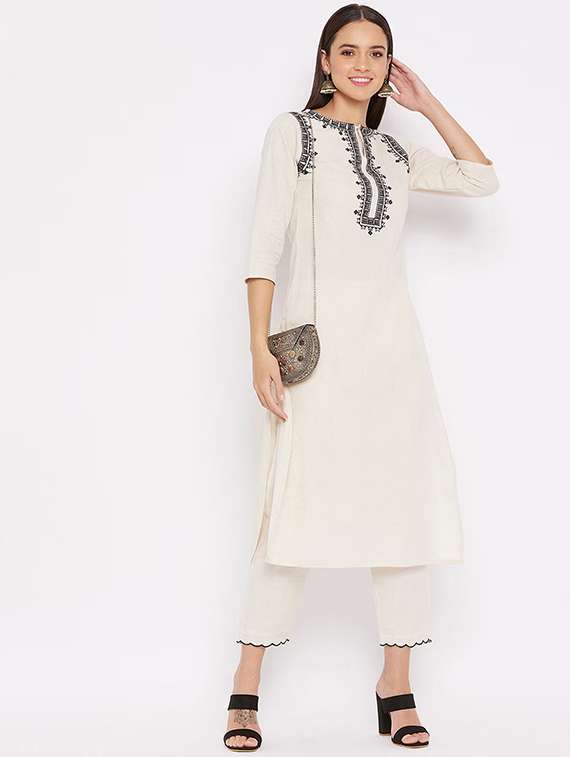 women off white cotton blend kurta pant set