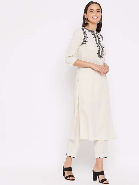 women off white cotton blend kurta pant set - 22467631 -  Standard Image - 3