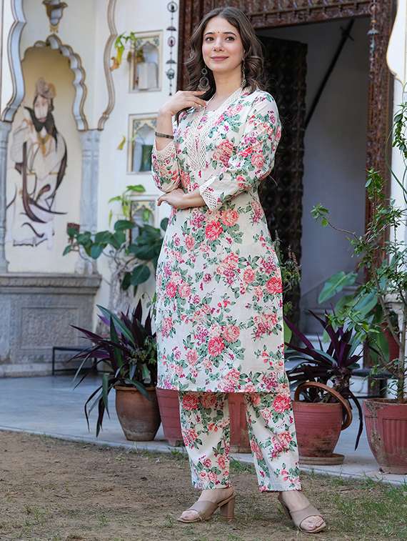 women printed beige cotton blend top and trouser set co-ord