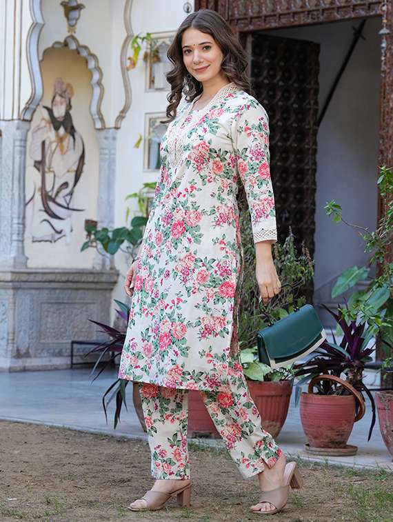 women printed beige cotton blend top and trouser set co-ord - 22467633 -  Standard Image - 3