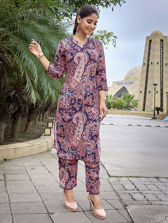women printed purple cotton blend top and trouser set co-ord - 22467636 -  Standard Image - 3