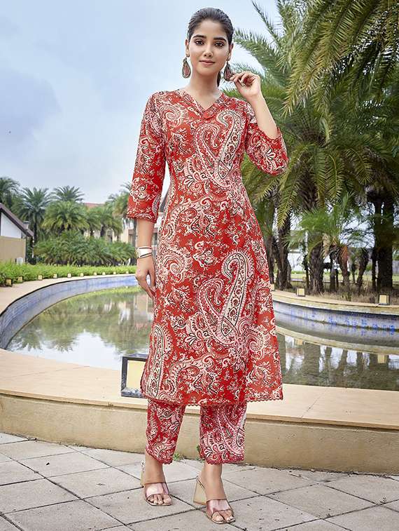 women printed red cotton blend top and trouser set co-ord