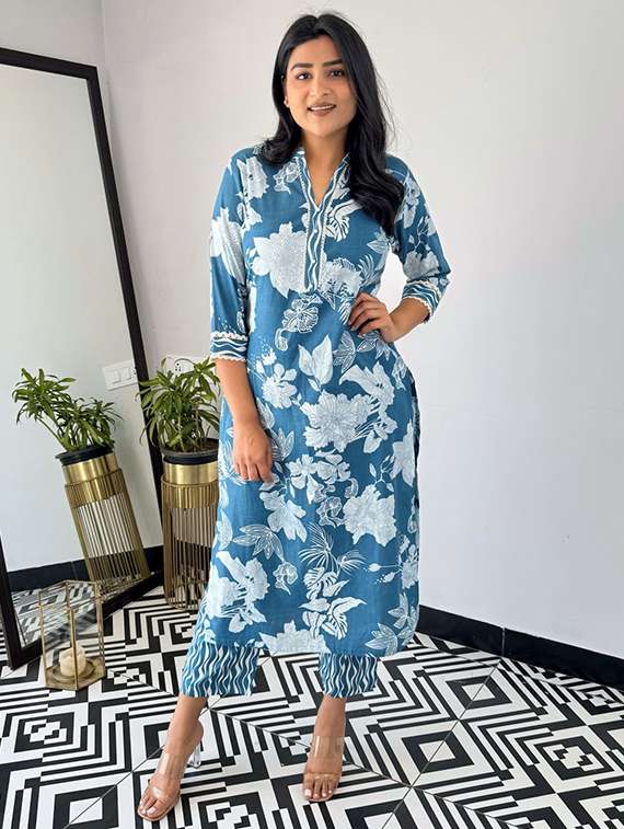 women printed blue cotton blend top and trouser set co-ord
