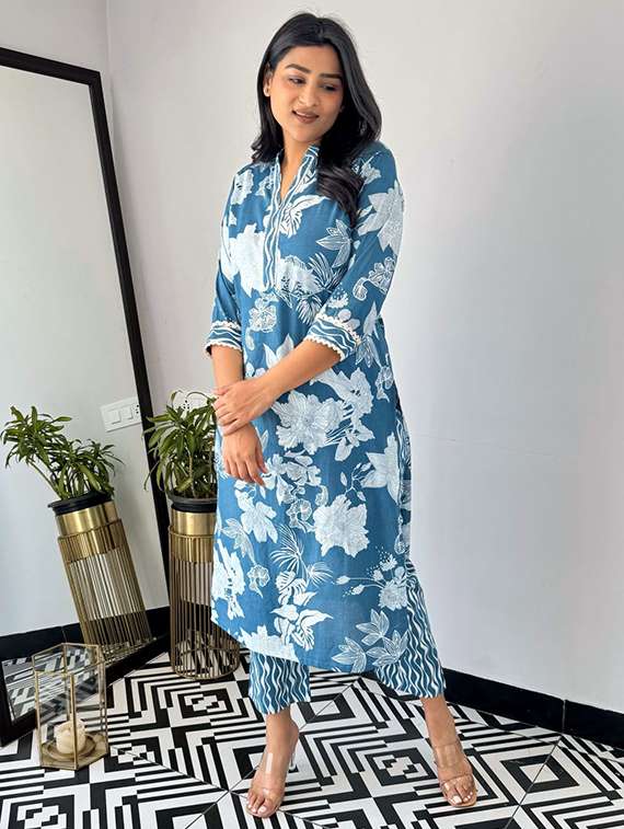 women printed blue cotton blend top and trouser set co-ord - 22467643 -  Standard Image - 3