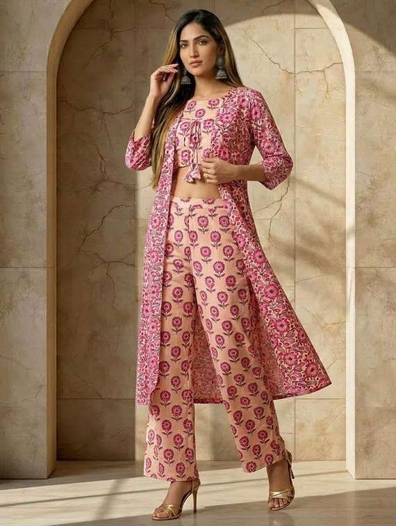 women printed pink cotton blend top and trouser set co-ord - 22467644 -  Standard Image - 3
