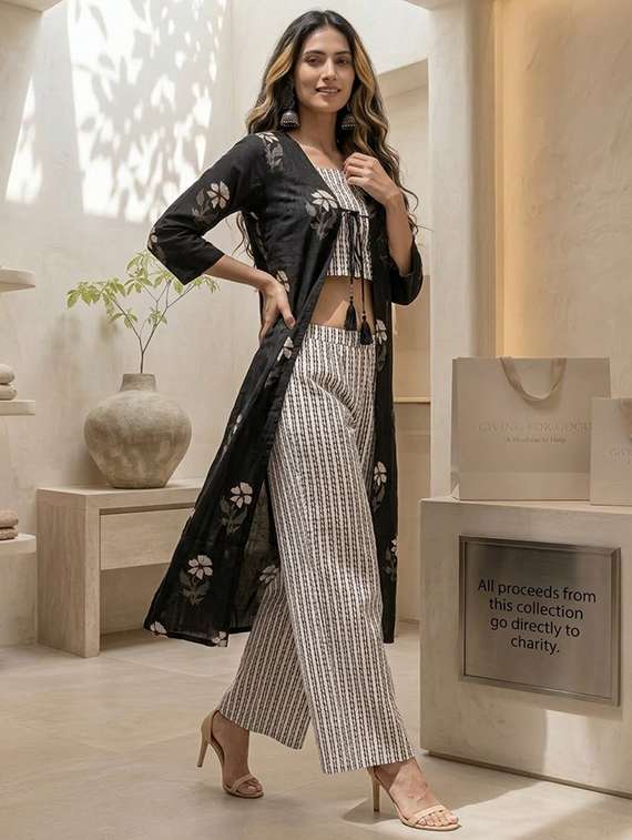 women printed black cotton blend top and trouser set co-ord - 22467645 -  Standard Image - 3