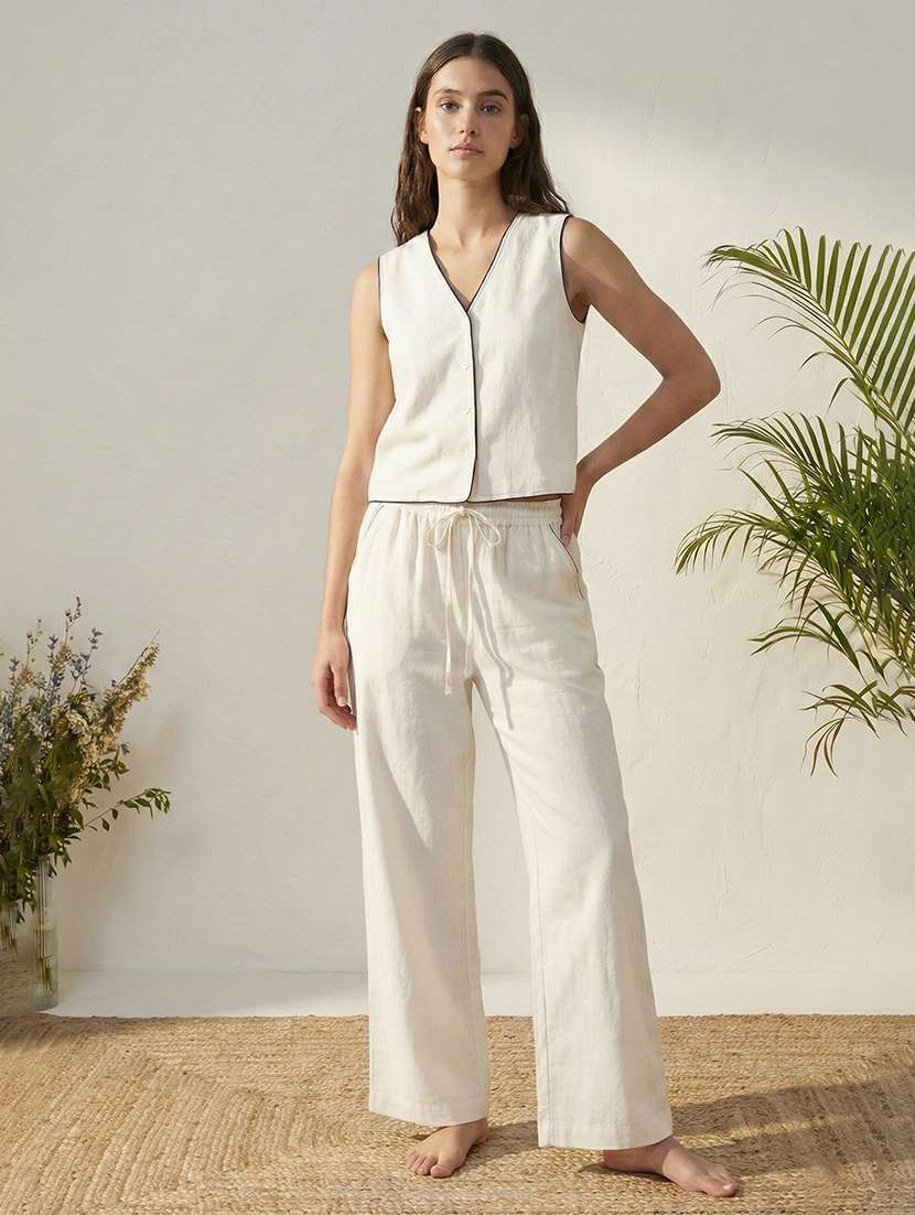 women beige linen top and trouser co-ord set