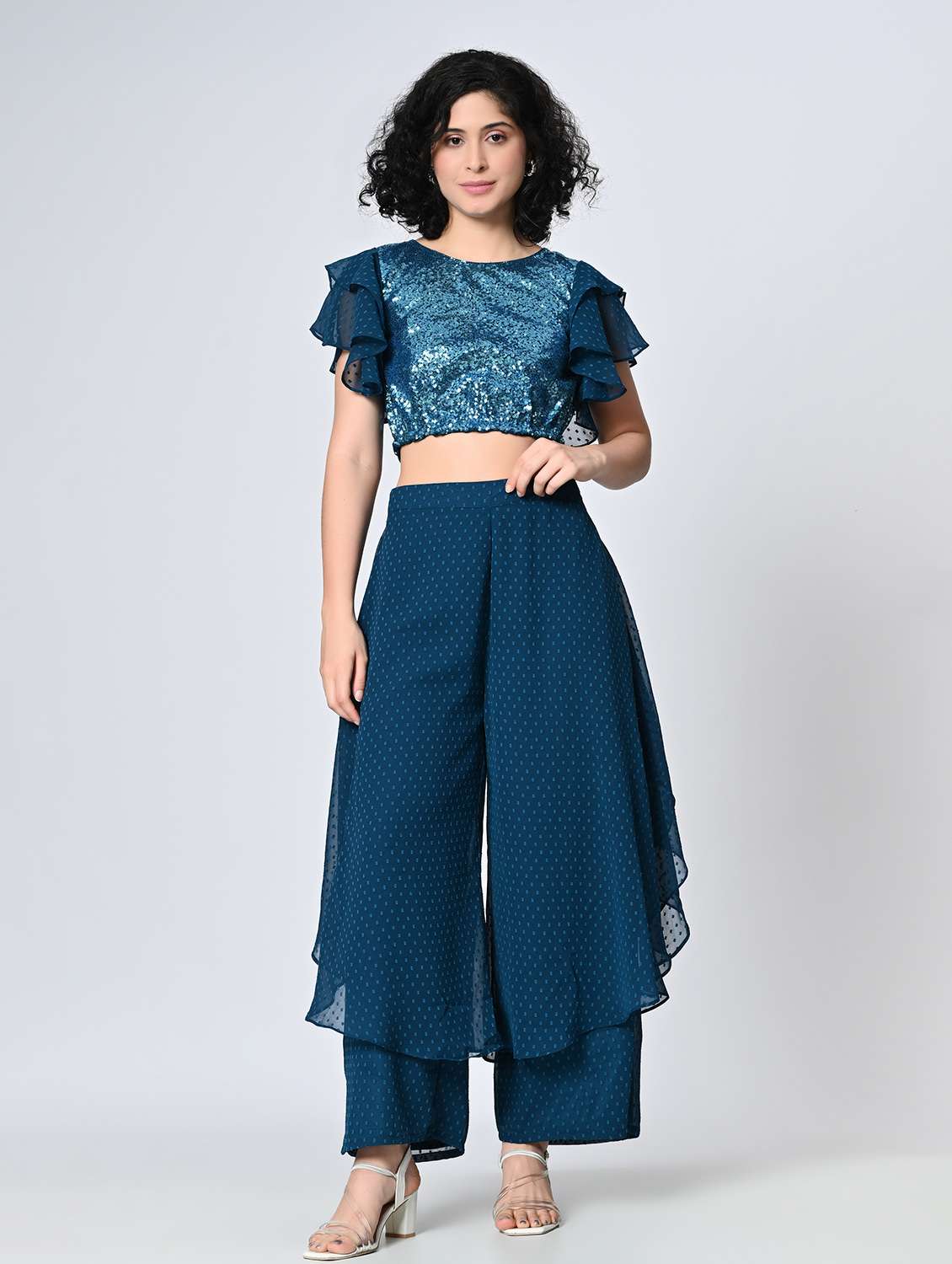 women teal georgette palazzo - 22467649 -  Standard Image - 5