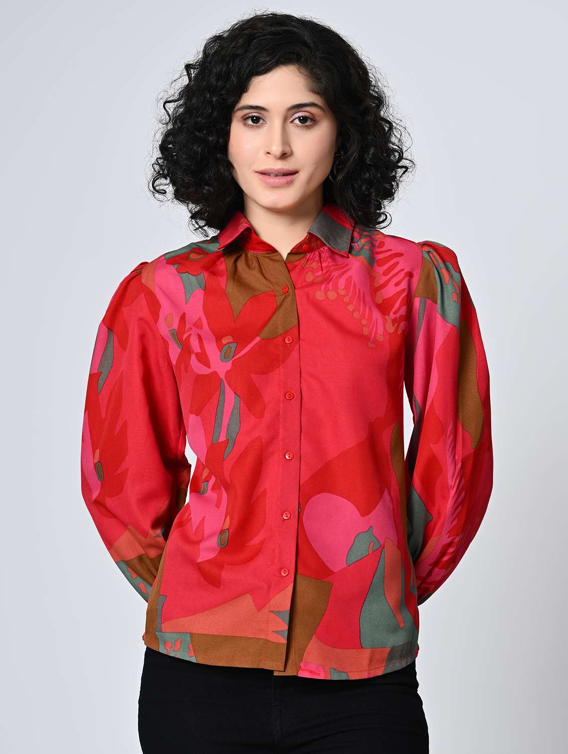 women red colored crepe regular shirt