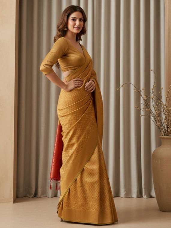 women gold banarasi saree with blouse - 22467662 -  Standard Image - 3