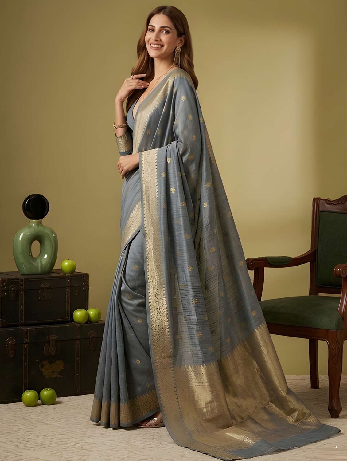 women grey embellished saree with blouse - 22467666 -  Standard Image - 3