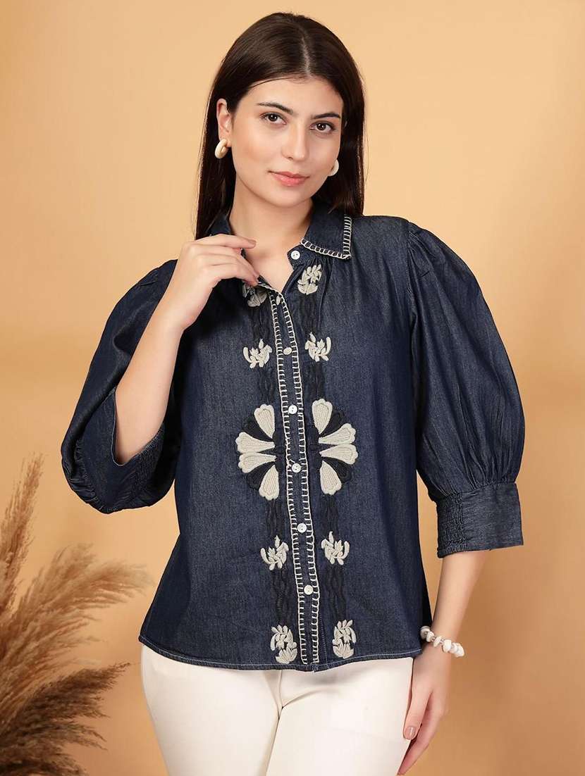 wowmen embroidered collared puff sleeve denim shirt