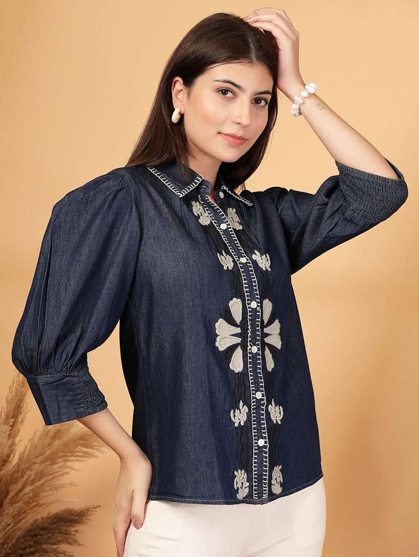wowmen embroidered collared puff sleeve denim shirt - 22467687 -  Standard Image - 3