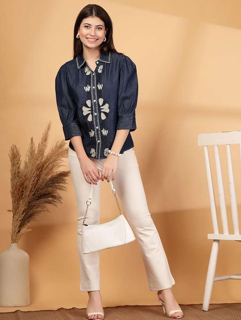 wowmen embroidered collared puff sleeve denim shirt - 22467687 -  Standard Image - 5