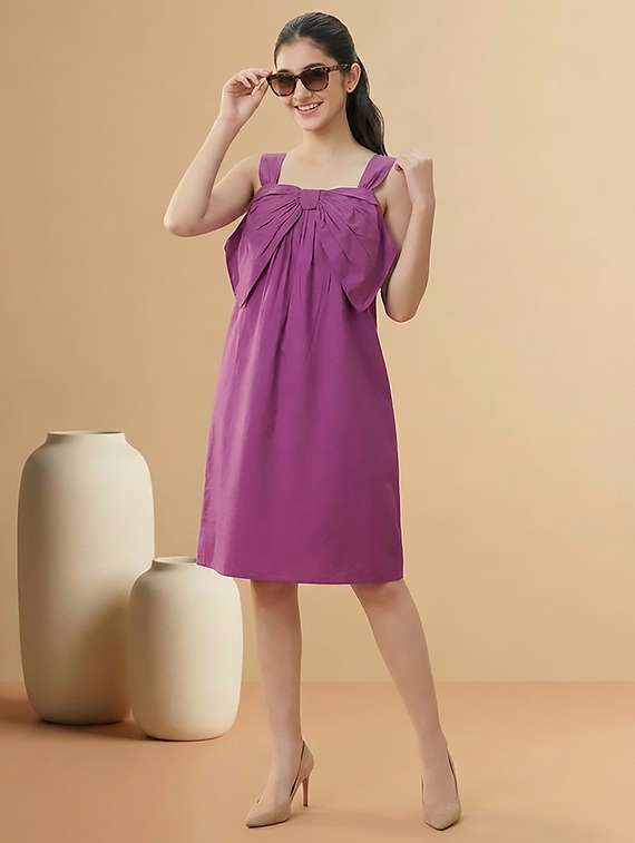 girls solid purple cotton fit & flare dress