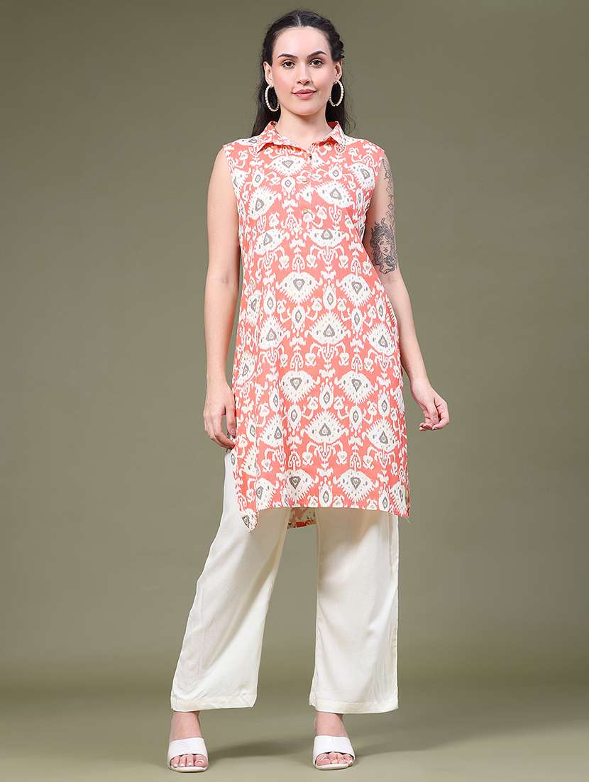 women ikat printed sleeveless straight kurta