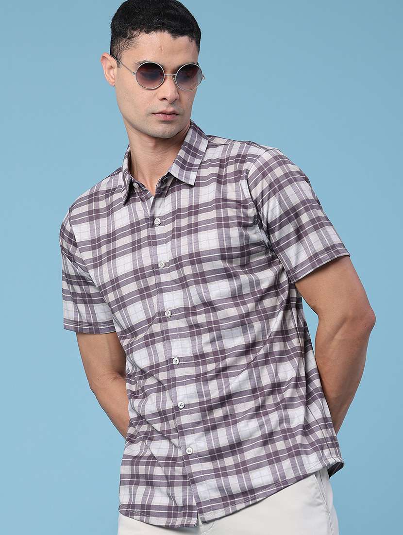 men checkered short sleeve slim fit casual shirt
