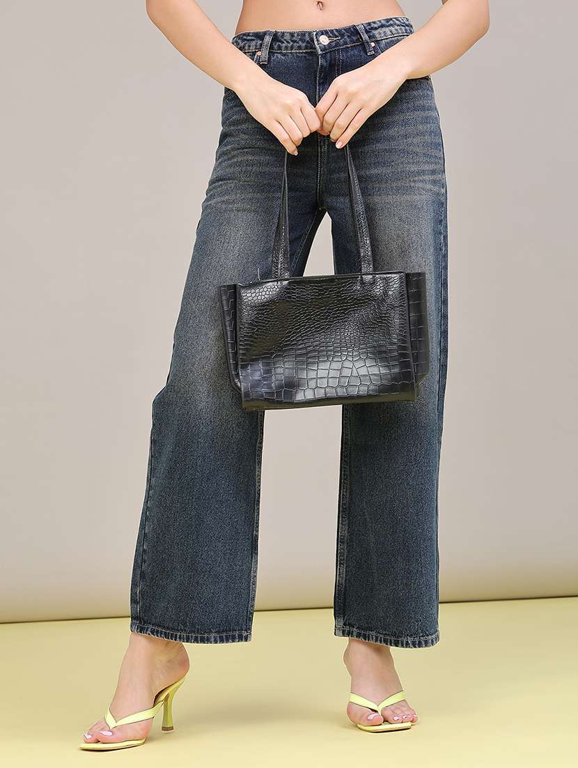 women washed mid rise straight jeans