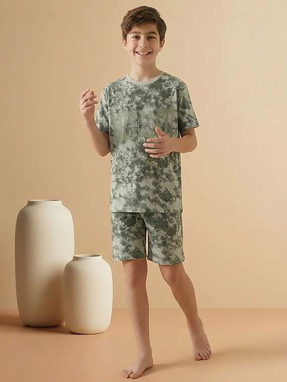 boys green cotton blend shorts set nightwear