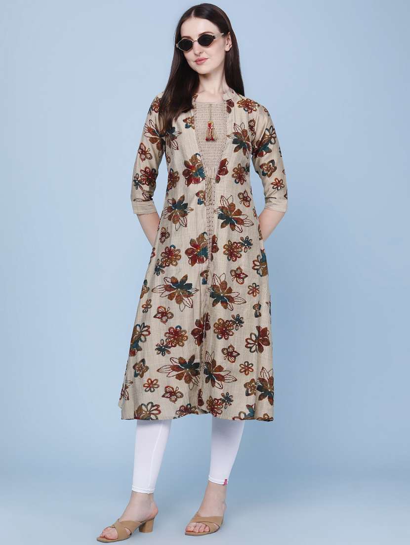 women printed three quarter sleeve kurta