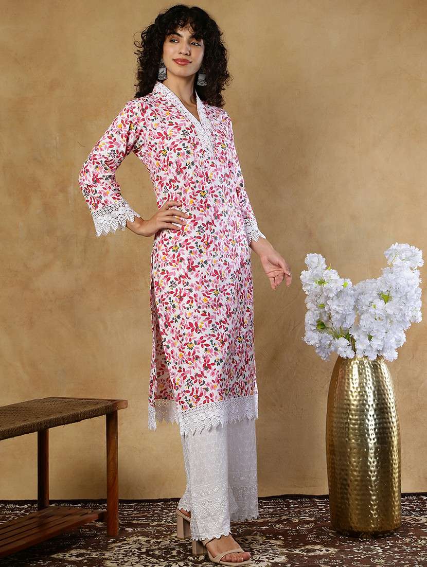 women pink cotton straight kurta - 22468149 -  Standard Image - 5