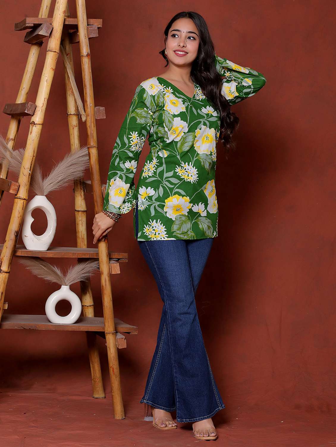women printed green cotton flared tunic - 22468154 -  Standard Image - 3