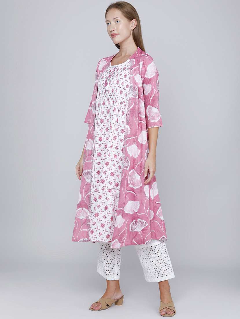 Women Printed Three Quarter Sleeves Kurta With Jacket - 22468202 -  Standard Image - 3