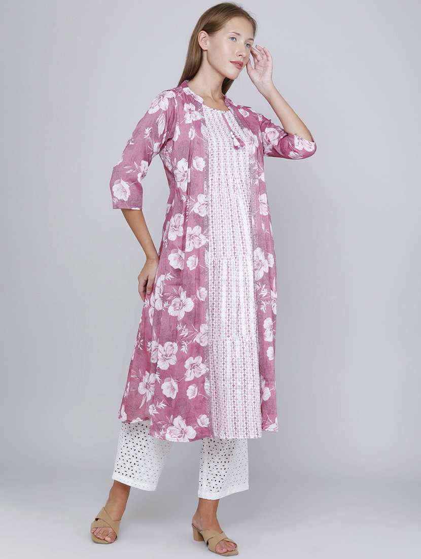 Women Printed Three Quarter Sleeves Kurta With Jacket - 22468213 -  Standard Image - 3