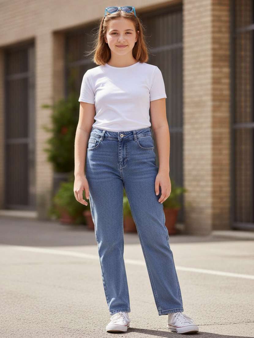 girls washed mid rise straight jeans