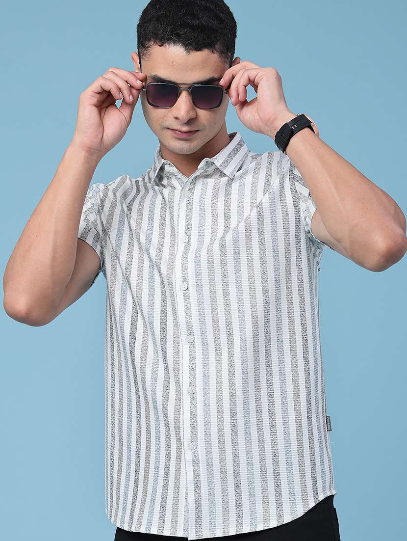 men striped short sleeve slim fit casual shirt