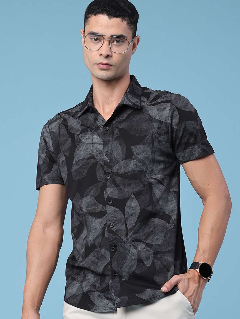 men printed short sleeve slim fit casual shirt