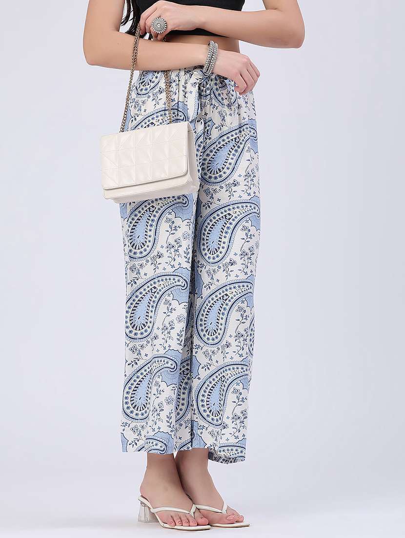 women printed mid rise wide leg trouser