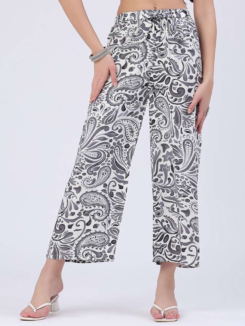 women printed mid rise wide leg trouser