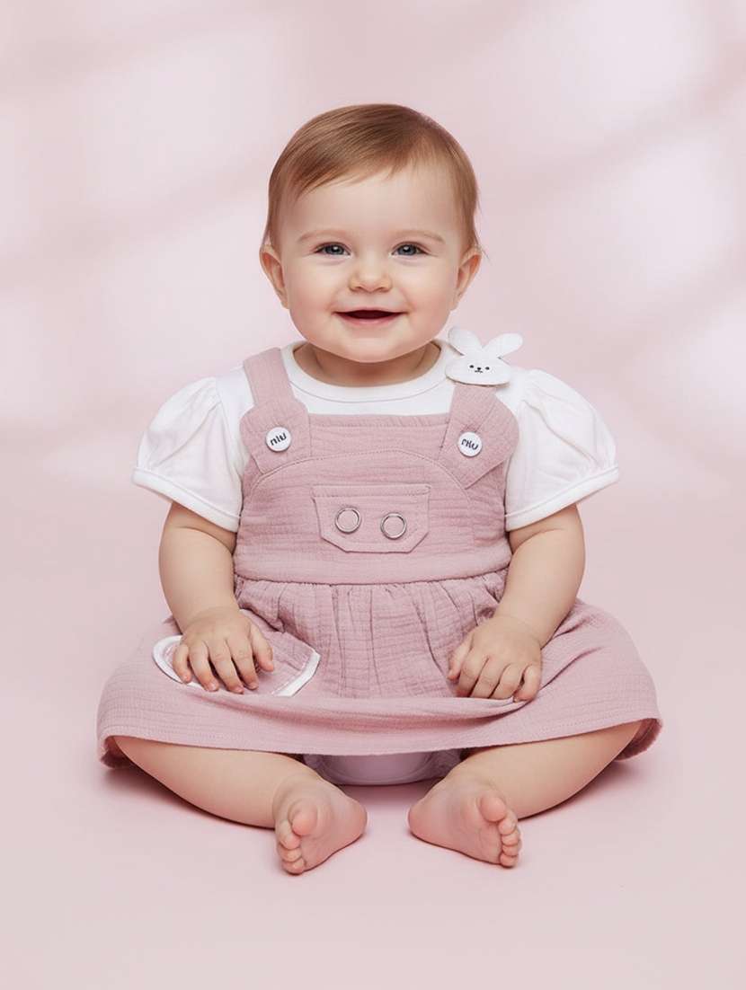 girls solid round neck frock with bloomer