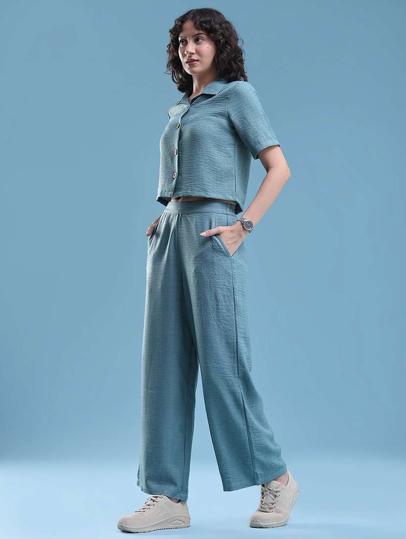 Women Solid Short Sleeves Shirt And Trouser Co-ord Set - 22468470 -  Standard Image - 3