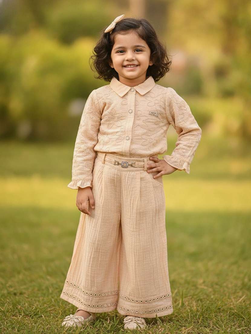 girls embroidered long sleeves shirt and trouser co-ord set