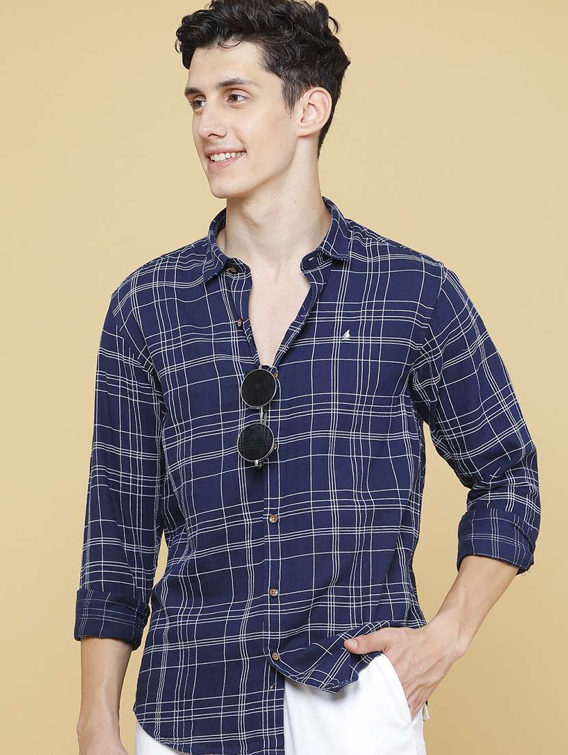men checkered long sleeve slim fit casual shirt