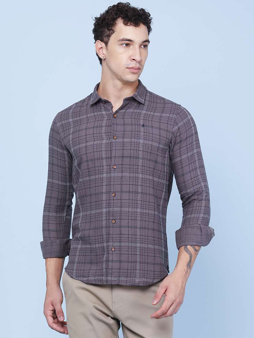 men checkered long sleeve slim fit casual shirt