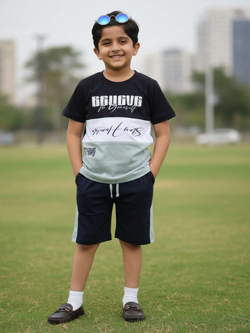 boys colourblocked round neck t-shirt and shorts set