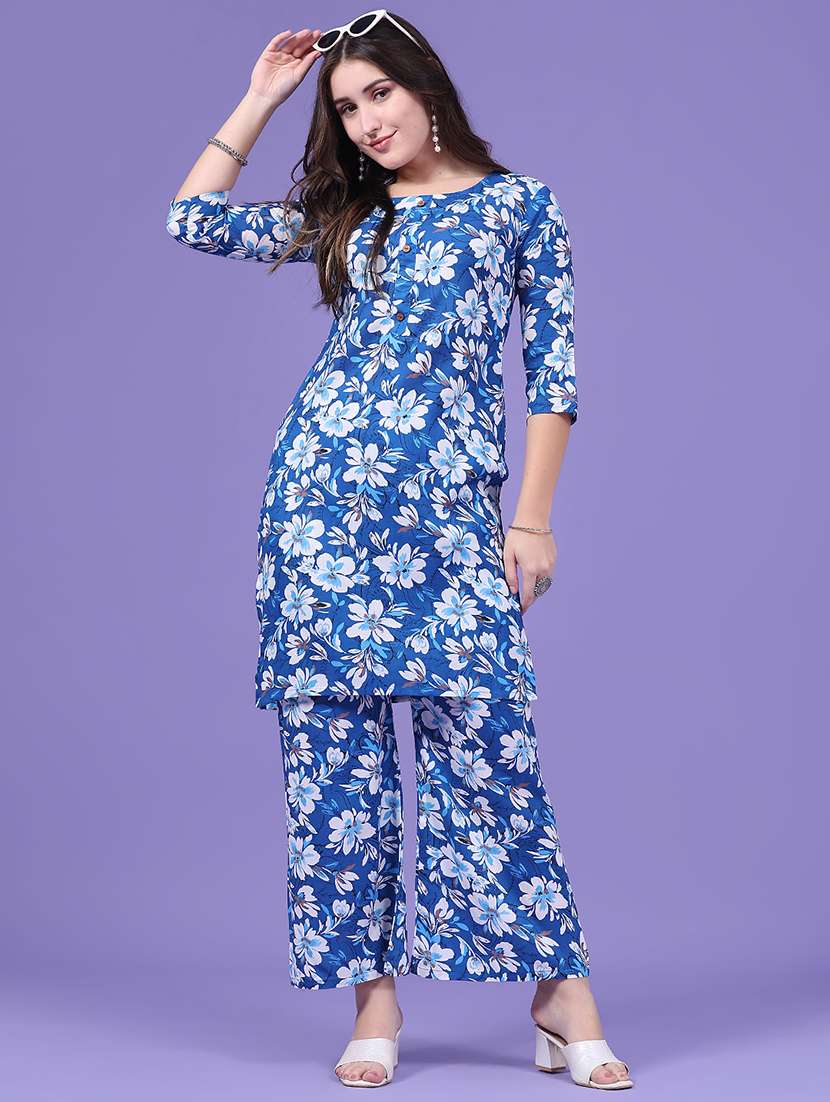women printed three quarter sleeve ethnic co-ord set