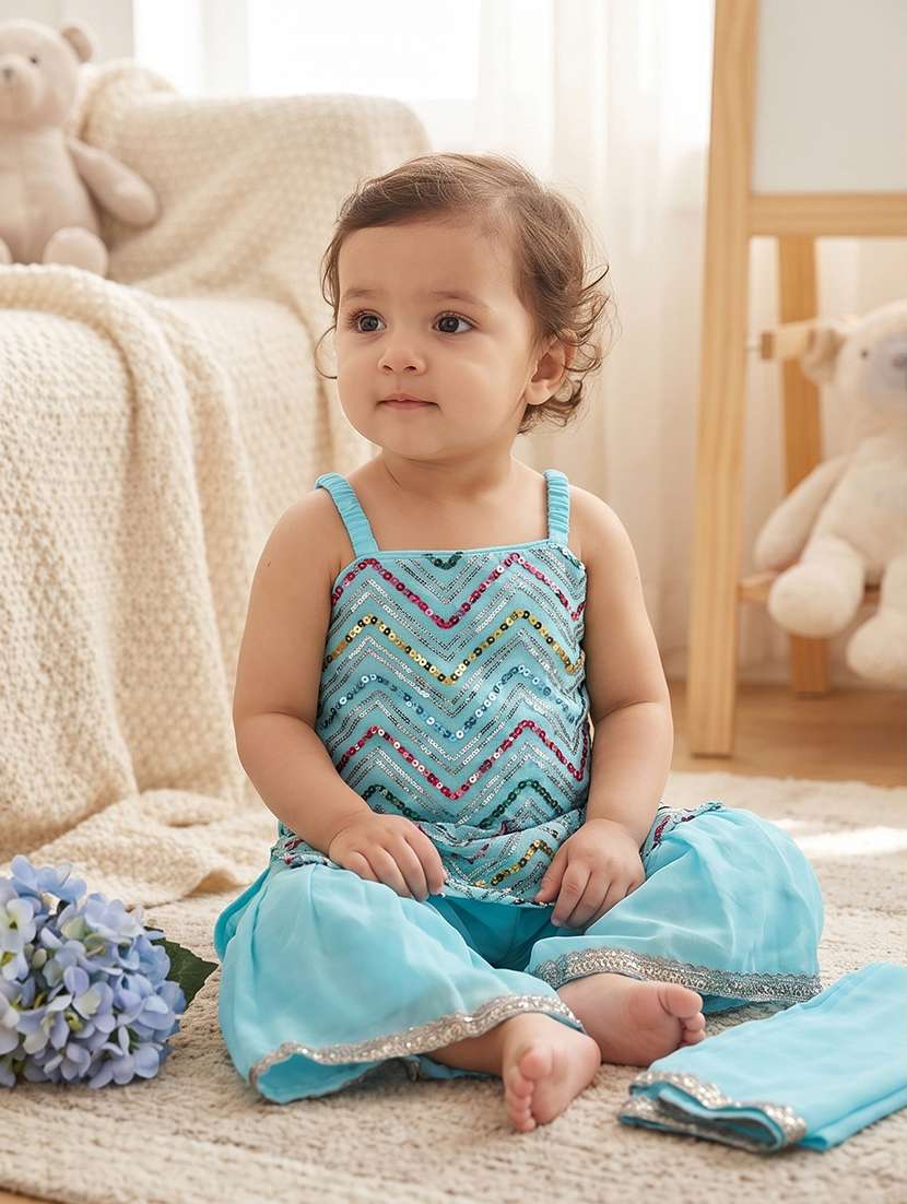 girls embroidered sleeveless kurta sharara set with dupatta