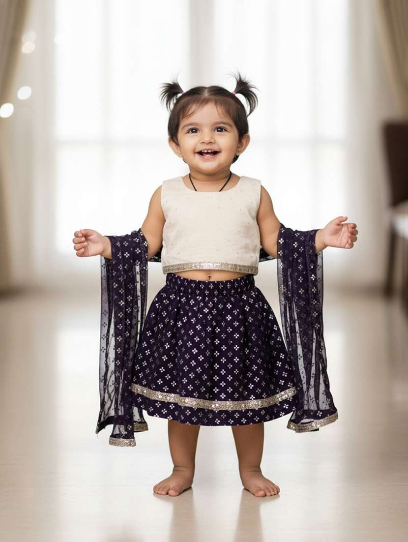 girls self design sleeveless lehenga choli set