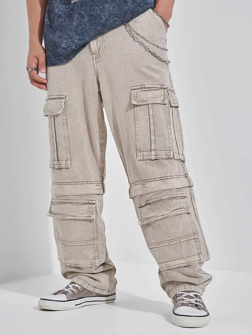 men baggy mid-rise cotton cargos jeans