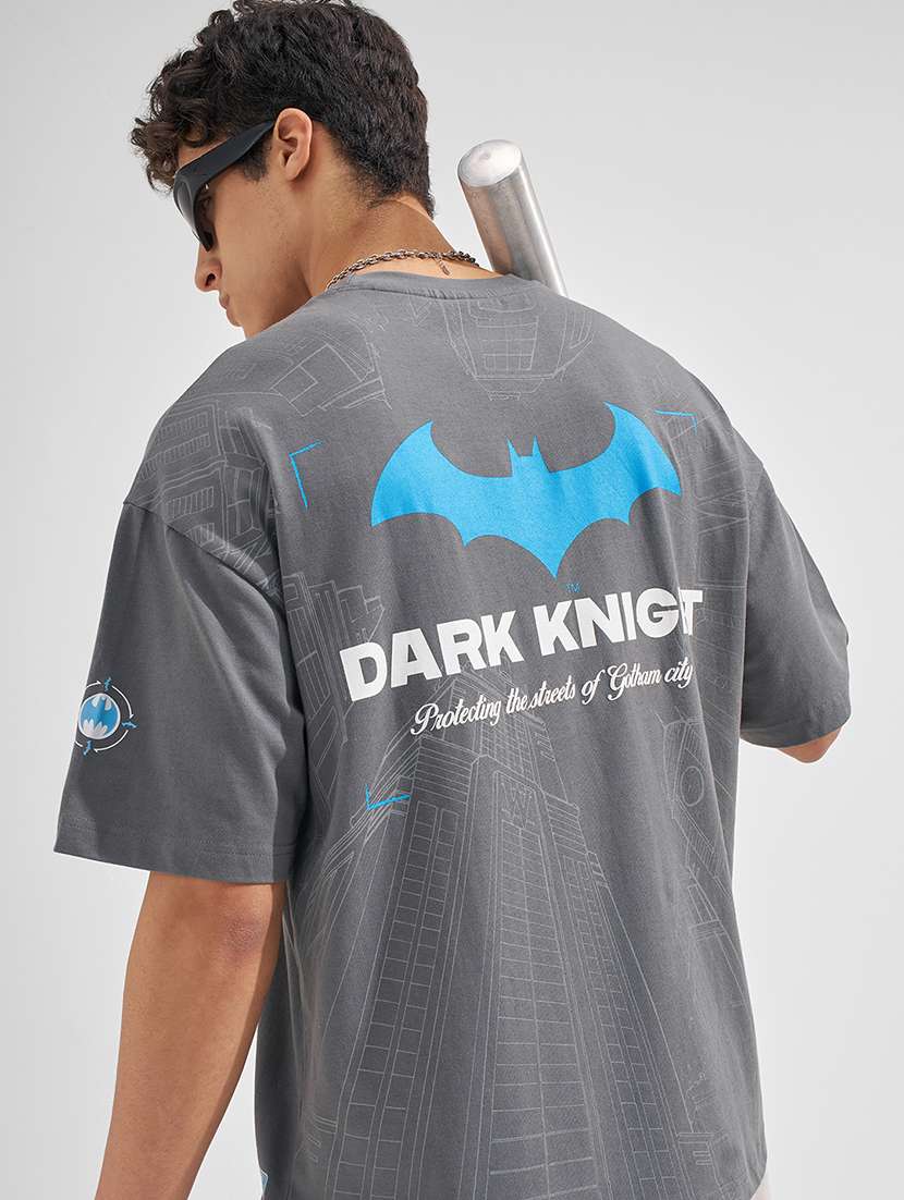 men grey graphic print cotton round neck oversized t-shirt