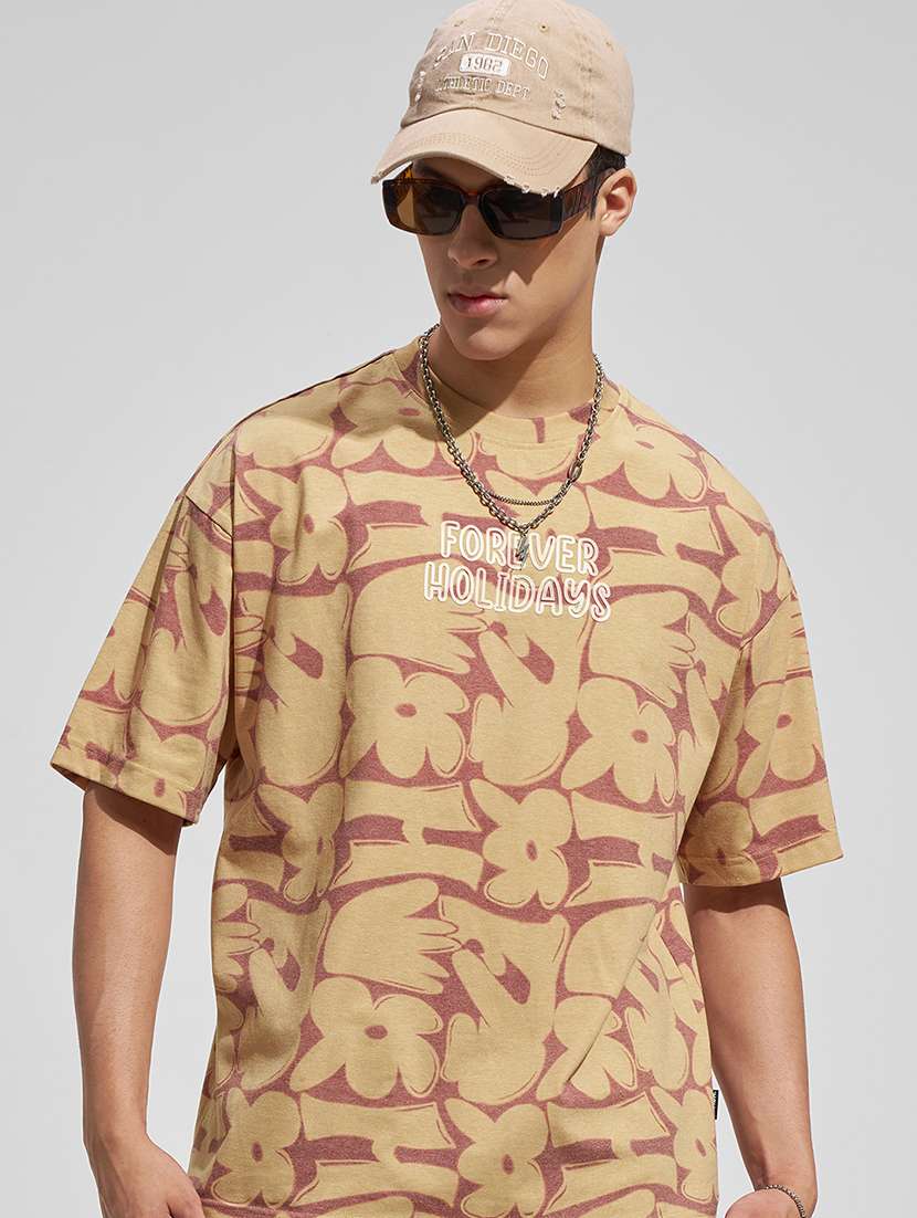 men graphic print tan round neck t-shirt